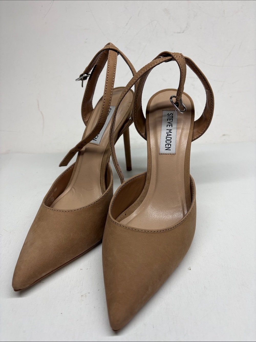 Steve Madden Tan Pointed Toe Ankle Strap Stilettos